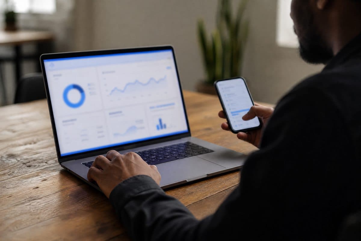 Business professional checking connectivity numbers on a laptop